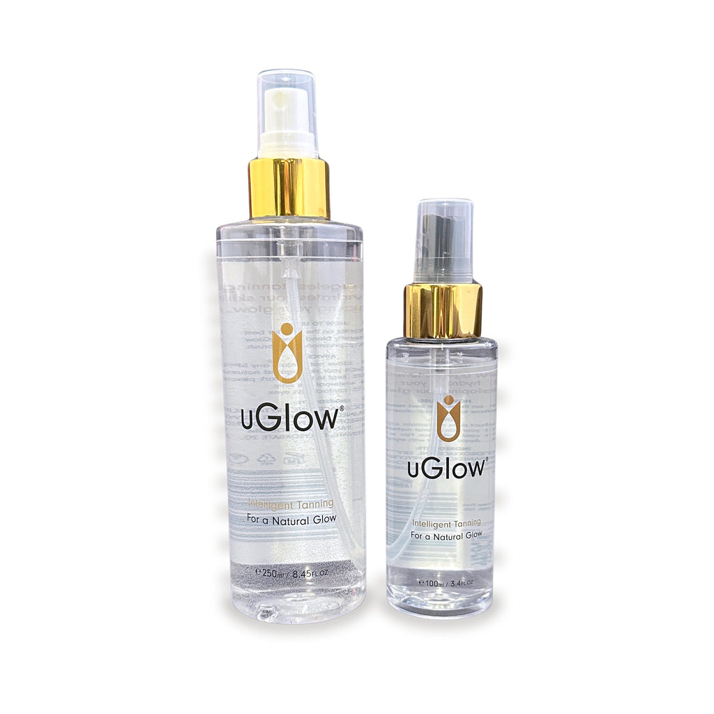 uGlow Tanning Water 250ml and 100ml bottles side by side